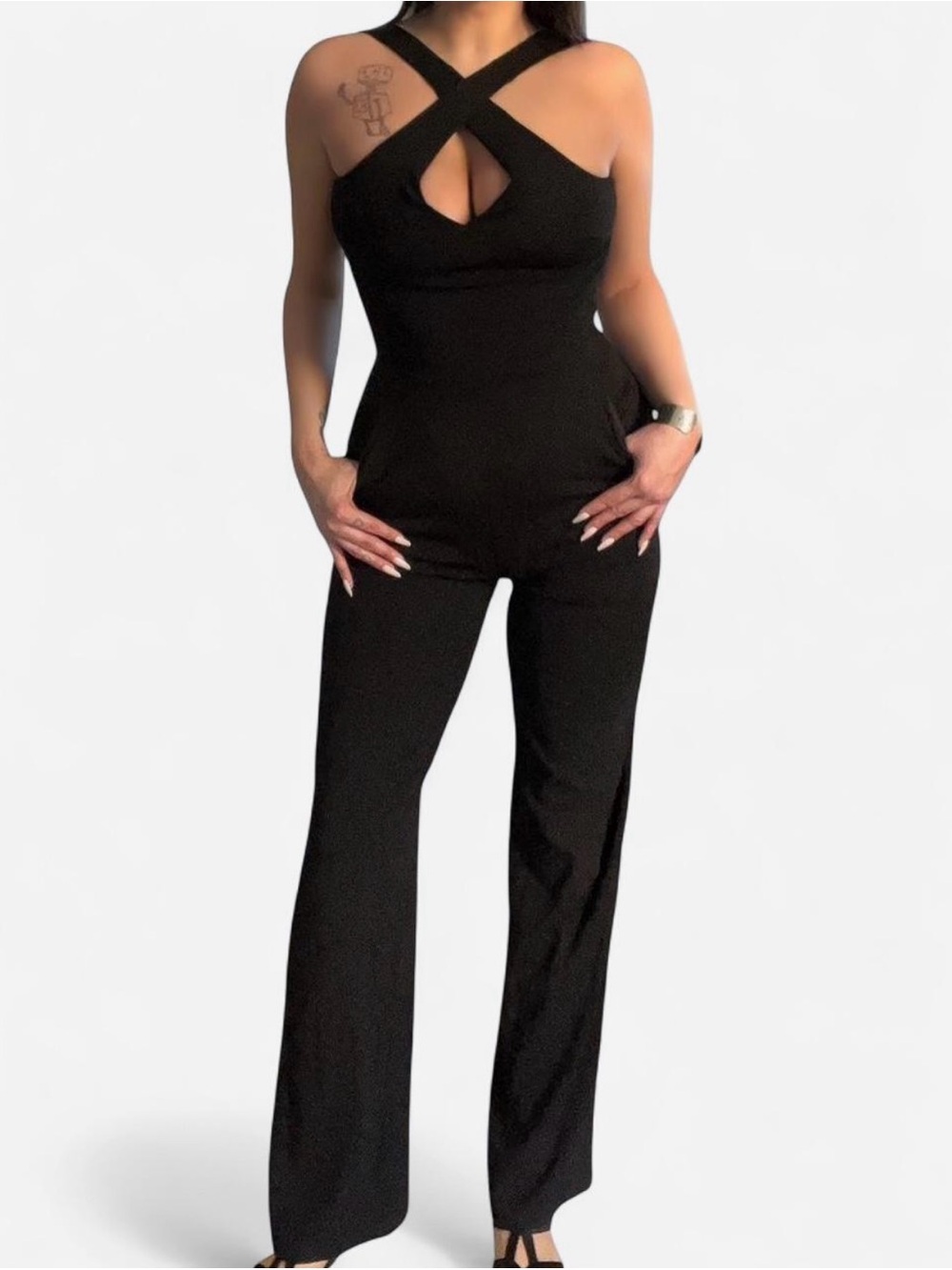 Cross-Strap Black Cutout Jumpsuit - Women's Evening Romper
